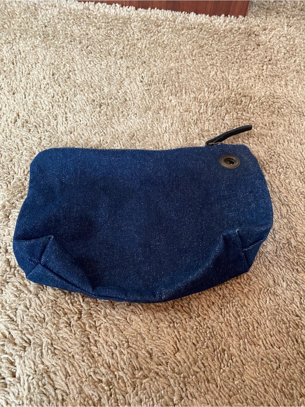 Dark Denim Jean Make Up Travel Bag Pouch Brown Leather Trim - Picture 6 of 10